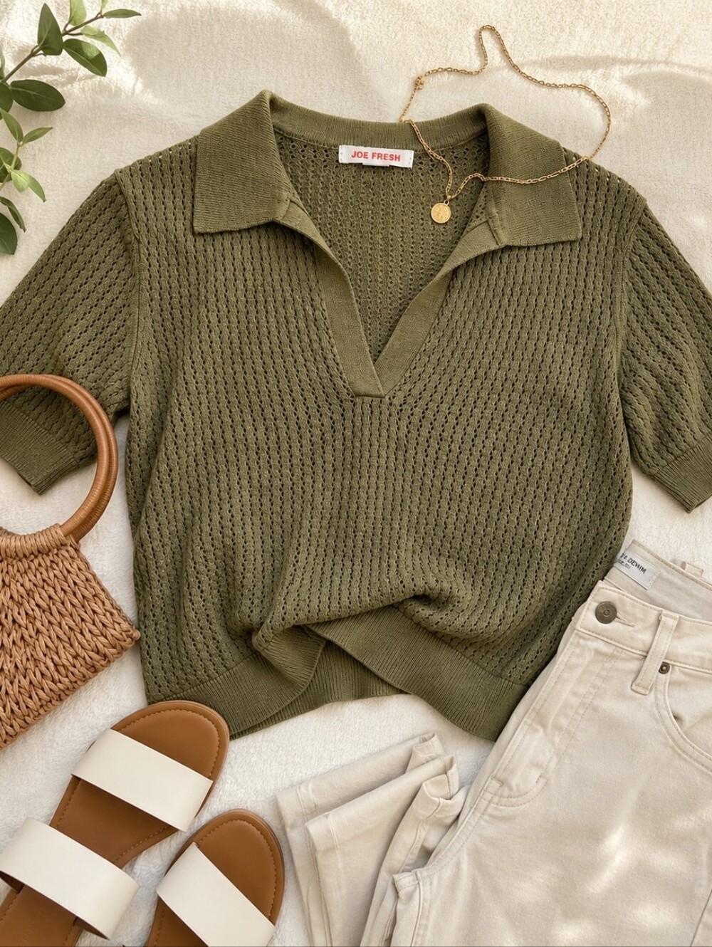 Joe Fresh Olive Green Knit Polo Top | Short Sleeve | Textured | Minimalist Small